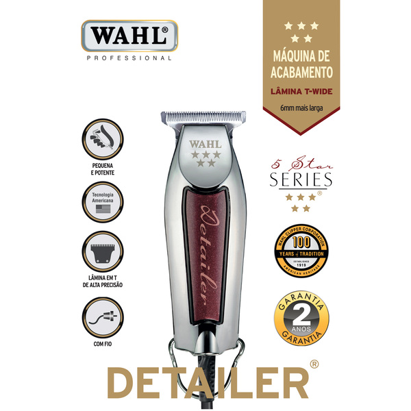 Afeitadora Wahl Detailer profesional, con cuchillas en T ajustables, 3  guías de corte (1/16 pulgada - 1/4 pulgada), protector de color rojo,  aceite